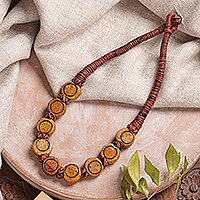 Wood beaded necklace, 'Natural Glory' - Handcrafted Bohemian Necklace with Carved Wooden Beads