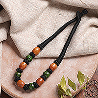 Wood beaded necklace, 'Bold Fusion' - Bohemian Wood Beaded Necklace with Cotton Cord from India