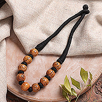 Wood beaded necklace, 'Boho Bubbles in Brown' - Bohemian Brown Black Wood Beaded Necklace with Cotton Cord