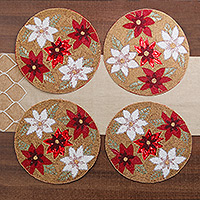 Glass beaded placemats, 'Glamour & Blooms' (set of 4) - Set of 4 Floral White and Red Glass Beaded Placemats