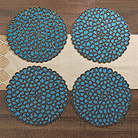 Glass beaded placemats, 'Peacock Palace' (set of 4) - Set of 4 Handcrafted Teal and Golden Glass Beaded Placemats