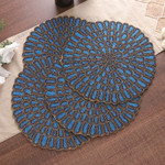 Glass beaded placemats, 'Peacock Palace' (set of 4) - Set of 4 Handcrafted Teal and Golden Glass Beaded Placemats