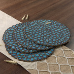 Glass beaded placemats, 'Peacock Palace' (set of 4) - Set of 4 Handcrafted Teal and Golden Glass Beaded Placemats