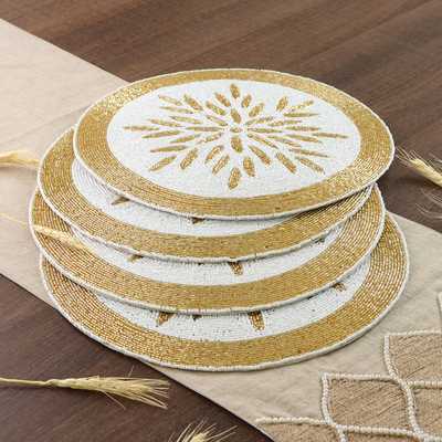Glass beaded placemats, 'Victorious Banquet' (set of 4) - Set of 4 Classic Golden and White Glass Beaded Placemats
