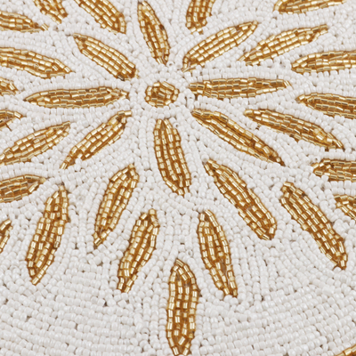 Glass beaded placemats, 'Victorious Banquet' (set of 4) - Set of 4 Classic Golden and White Glass Beaded Placemats