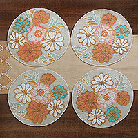 Glass beaded placemats, 'Floral Tenderness' (set of 4) - Set of 4 Floral-Themed Glass Beaded Placemats from India