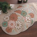 Glass beaded placemats, 'Floral Touch' (set of 4) - Set of 4 Floral-Themed Glass Beaded Placemats from India