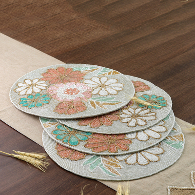 Glass beaded placemats, 'Floral Tenderness' (set of 4) - Set of 4 Floral-Themed Glass Beaded Placemats from India