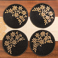 Glass beaded placemats, 'Nocturnal Bouquet' (set of 4) - Set of 4 Floral Black and Golden Glass Beaded Placemats