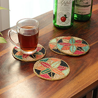Glass beaded coasters, 'Mosaic Spring' (set of 4) - Set of 4 Mosaic-Inspired Colorful Glass Beaded Coasters