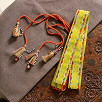 Cinturón de algodón bordado - Cinturón de algodón chartreuse bordado en rayón con borlas