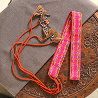 Cinturón de algodón bordado, 'Cerise Borlas' - Cinturón de algodón cereza bordado en rayón con borlas