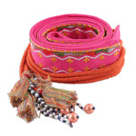 Embroidered cotton belt, 'Cerise Tassels' - Rayon Embroidered Cerise Cotton Belt with Tassels