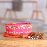 Embroidered cotton belt, 'Cerise Tassels' - Rayon Embroidered Cerise Cotton Belt with Tassels