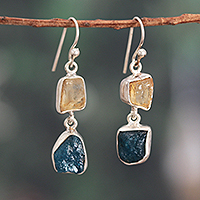 Citrine and apatite dangle earrings, 'Joy of the Intellectual' - Polished Freeform Citrine and Apatite Dangle Earrings