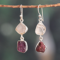 Rose quartz and garnet dangle earrings, 'Sweet Liaison' - Natural Freeform Rose Quartz and Garnet Dangle Earrings