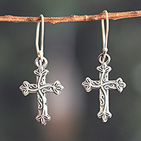 Sterling silver dangle earrings, 'Leafy Cross' - Sterling Silver Cross and Ivy Dangle Earrings from India