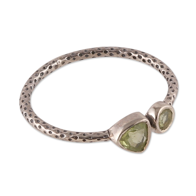 Peridot band ring, 'Spring Green Duo' - Dot-Accented Sterling Silver and Natural Peridot Band Ring