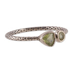 Peridot band ring, 'Spring Green Duo' - Dot-Accented Sterling Silver and Natural Peridot Band Ring