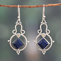 Lapis lazuli dangle earrings, 'Lapis Diamond' - Classic Diamond-Cut Lapis Lazuli Dangle Earrings from India