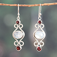 Rainbow moonstone and garnet dangle earrings, 'Moony Love' - Classic Natural Rainbow Moonstone and Garnet Dangle Earrings