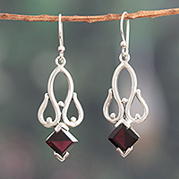 Garnet dangle earrings, 'Scarlet Liaison' - Classic Two-Carat Natural Square-Cut Garnet Dangle Earrings