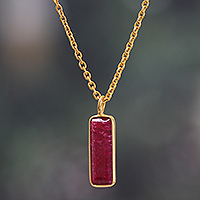 Gold-plated sterling silver and ruby pendant necklace, 'Vibrant Glam' - 18k Gold-Plated Necklace with Rectangular Ruby Stone Pendant