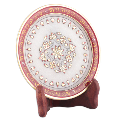 Marble decorative plate, 'Triumph of the Scarlet Bloom' - Handcrafted Floral Scarlet and White Marble Decorative Plate