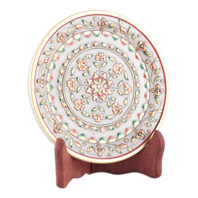 Marble decorative plate, 'Fantasy in Spring' - Floral Handcrafted Red and Green Marble Decorative Plate