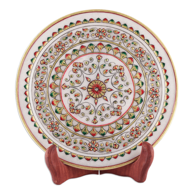 Dekorativer Teller aus Marmor, 'Frühlingswunder' - Dekorativer Teller aus rotem und grünem Marmor mit Blumen und Blättern