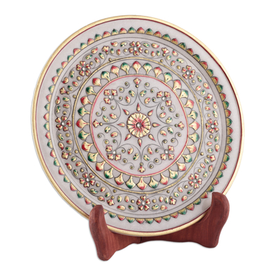 Marble decorative plate, 'Marvels of Spring' - Floral and Leafy Red and Green Marble Decorative Plate