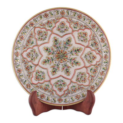 Marble decorative plate, 'Starry Nature' - Star-Patterned Floral and Leafy Marble Decorative Plate