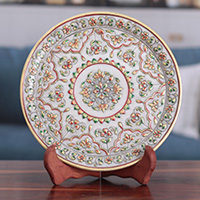 Marble decorative plate, 'Floral Firmament' - Star-Themed Floral and Leafy Marble Decorative Plate