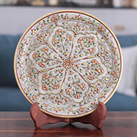 Marble decorative plate, 'Blooming Celebration' - Traditional Floral and Leafy Marble Decorative Plate