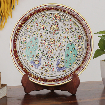 Marble decorative plate, 'Peacock Creation' - Floral Marble Decorative Plate with Hand-Painted Peacocks