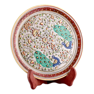 Marble decorative plate, 'Peacock Creation' - Floral Marble Decorative Plate with Hand-Painted Peacocks