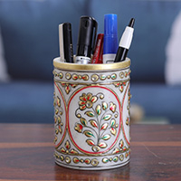 Marble pen holder, 'Utopian Space' - Classic Floral Golden and Red Marble Pen Holder from India