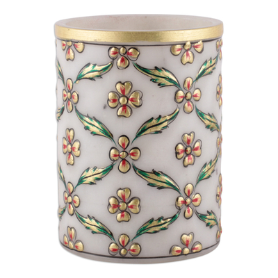 Marble pen holder, 'Blooming Mesh' - Floral Mesh-Patterned Marble Pend Holder in Green and Golden