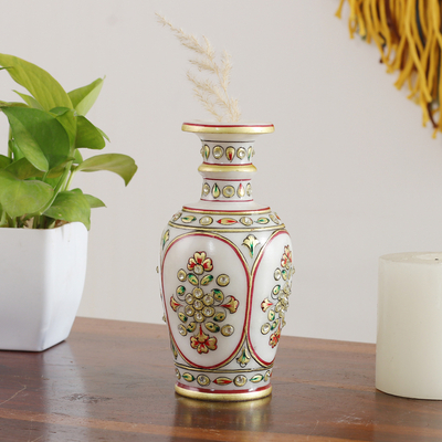 Marble decorative vase, 'Palace of the Graceful' - Classic Floral Hand-Painted Marble Decorative Vase