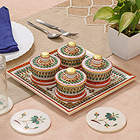 Marble tray and covered bowls set, 'Gathering at the Palace' (5 pieces) - Green and Red Marble Tray and Covered Bowls (5 Pieces)