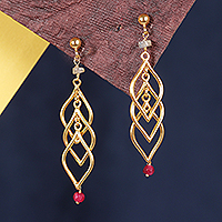 Gold-plated labradorite and quartz dangle earrings, 'Golden Fall' - Leafy 22k Gold-Plated Labradorite and Quartz Dangle Earrings