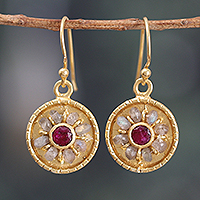 Gold-plated quartz and labradorite dangle earrings, 'Glorious Wheel' - 22k Gold-Plated Quartz and Labradorite Round Dangle Earrings