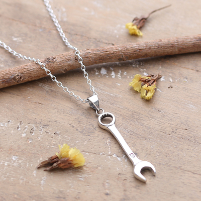 Sterling silver pendant necklace, 'Whimsical Work' - Whimsical Sterling Silver Necklace with Wrench Pendant