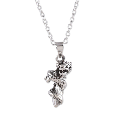 Sterling silver pendant necklace, 'Dragon Twist' - Dragon-Themed Sterling Silver Pendant Necklace from India