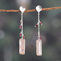 Rose quartz and garnet dangle earrings, 'Avant-Garde Romance' - Three-Carat Natural Rose Quartz and Garnet Dangle Earrings