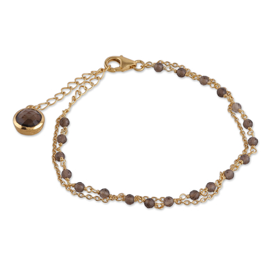 Gold-plated smoky quartz strand pendant bracelet, 'My Essence' - 18k Gold-Plated Two-Carat Checkerboard Smoky Quartz Bracelet
