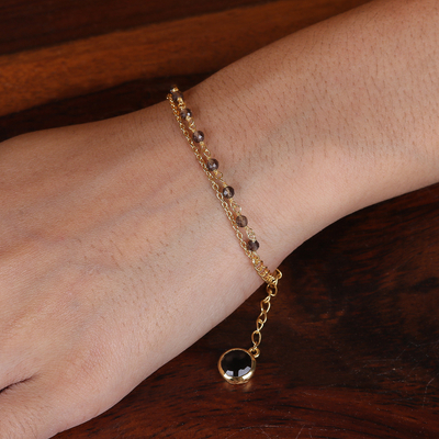 Gold-plated smoky quartz strand pendant bracelet, 'My Essence' - 18k Gold-Plated Two-Carat Checkerboard Smoky Quartz Bracelet