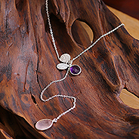 Rose quartz and amethyst Y necklace, 'Vibrant Fusion' - Silver Y-Necklace with Rose Quartz and Amethyst Gemstones