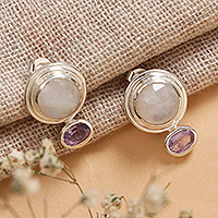 Rainbow moonstone and amethyst drop earrings, 'Depth of Glamor' - Rainbow Moonstone Amethyst Sterling Silver Drop Earrings