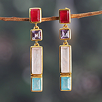 Gold-plated multi-gemstone dangle earrings, 'Vibrant Me' - Polished 18k Gold-Plated Multi-Gemstone Dangle Earrings